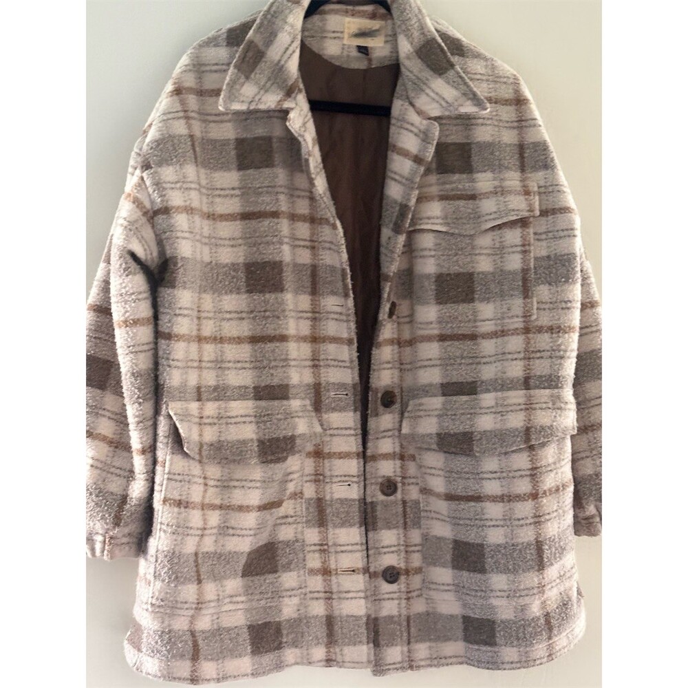 Universal Thread Shacket Jacket Womens L Taupe Beige Plaid Fleece Lined